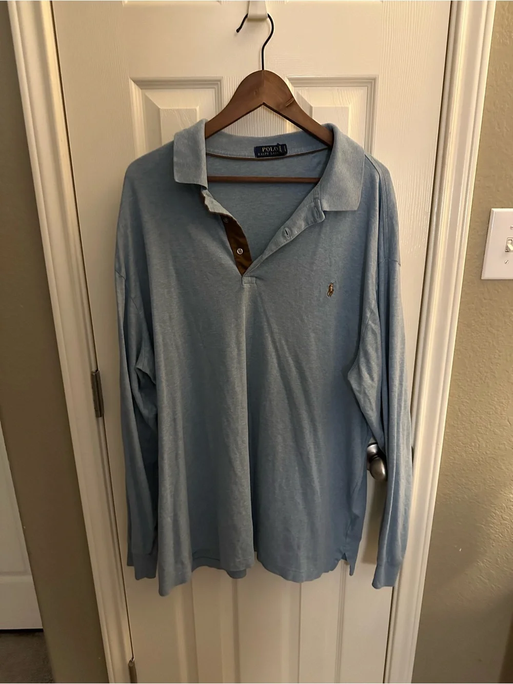 Ralph Lauren Light Blue Long-Sleeve Polo with Brown Placket Trim